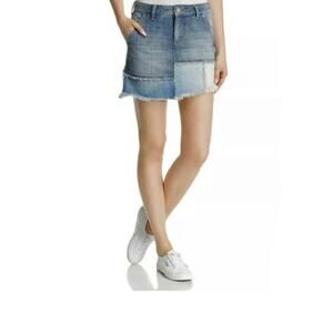 True Religion Women’s L Patchwork Blue Denim Jean Mini Skirt Boho Zip NEW